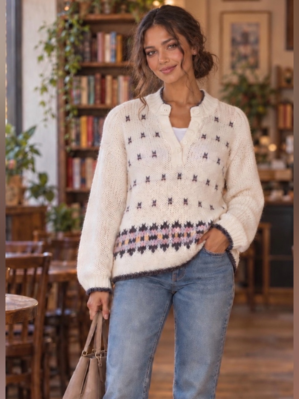 Vintage Daniel Sweater Women’s L Ivory Pink Fair Isle Cottagecore Ramie Knit